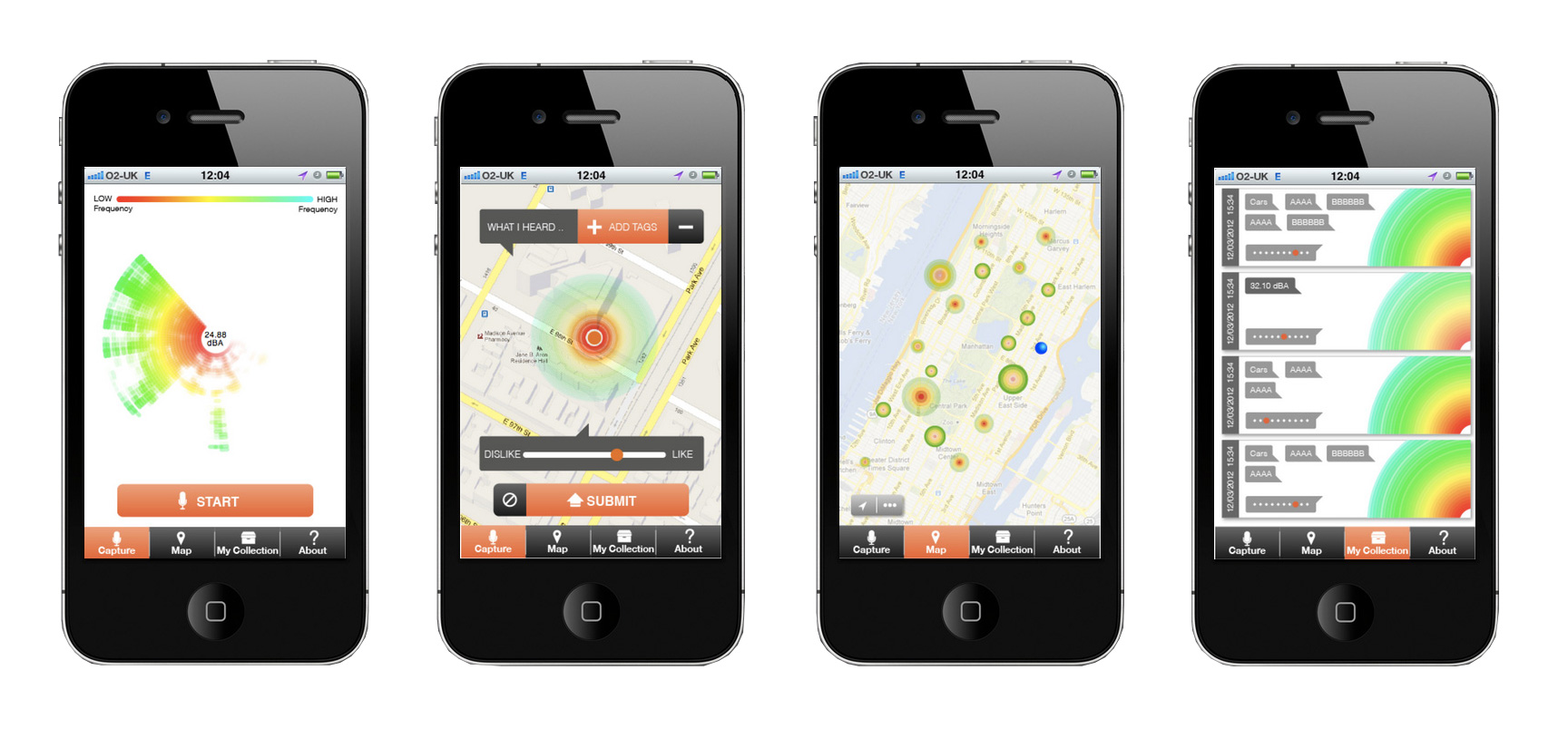 Screenshots of ListeningNYC app on mobile phone